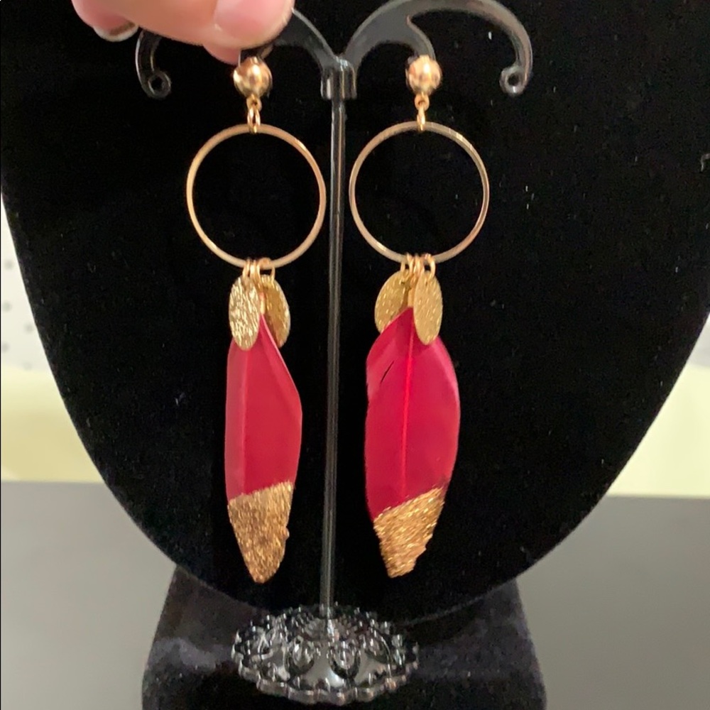 Dangle Earrings Red Feather Glitter Gold Dipped